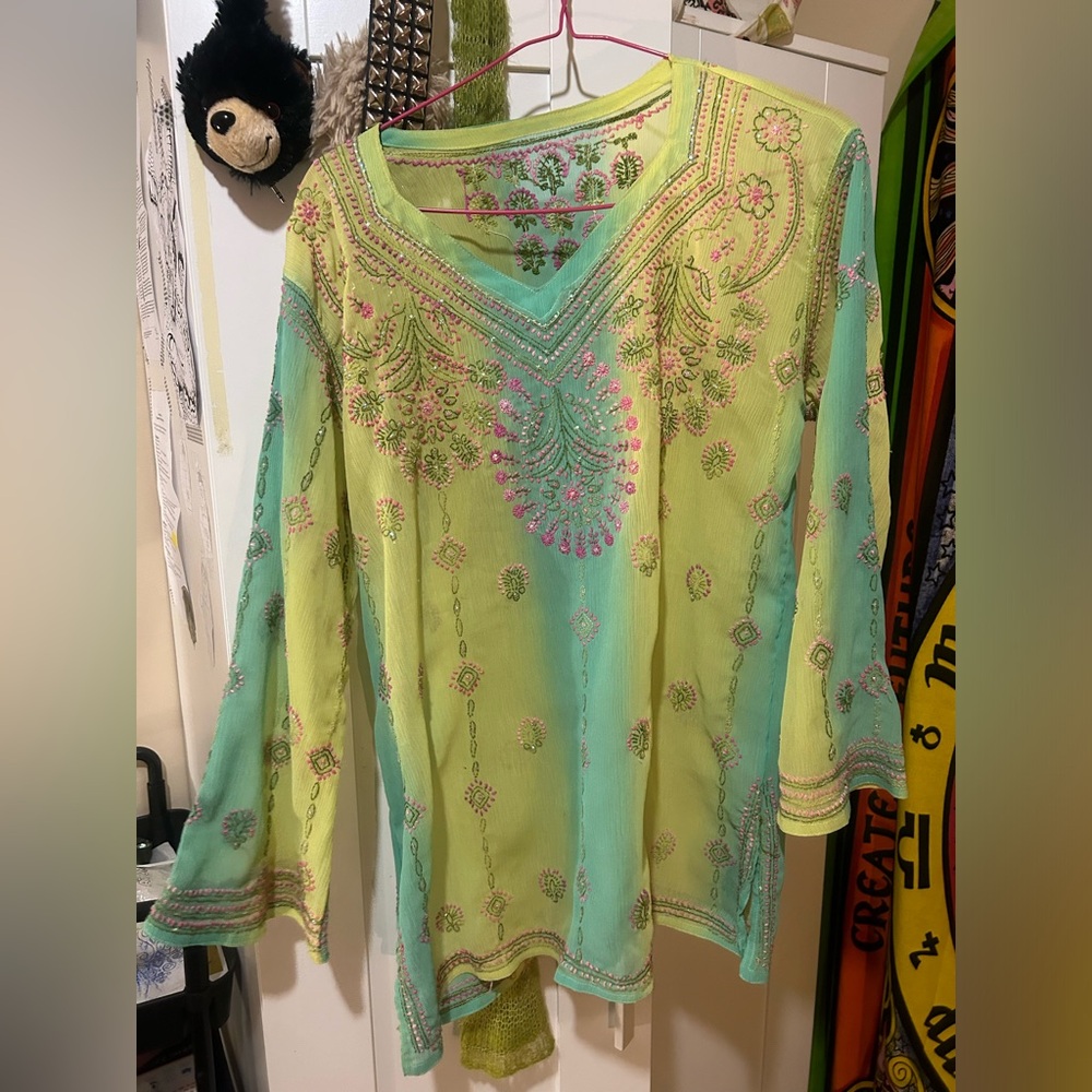 Green & Pink Embroidered Tunic